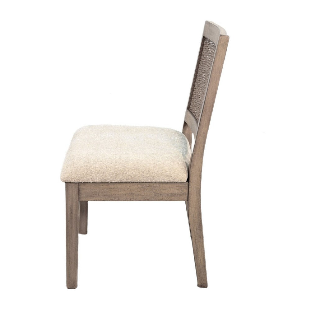 Benjara Dining Side Chair Set of 2, Cane Back, Cream Seat Cushion, Hazelnut Brown Wood