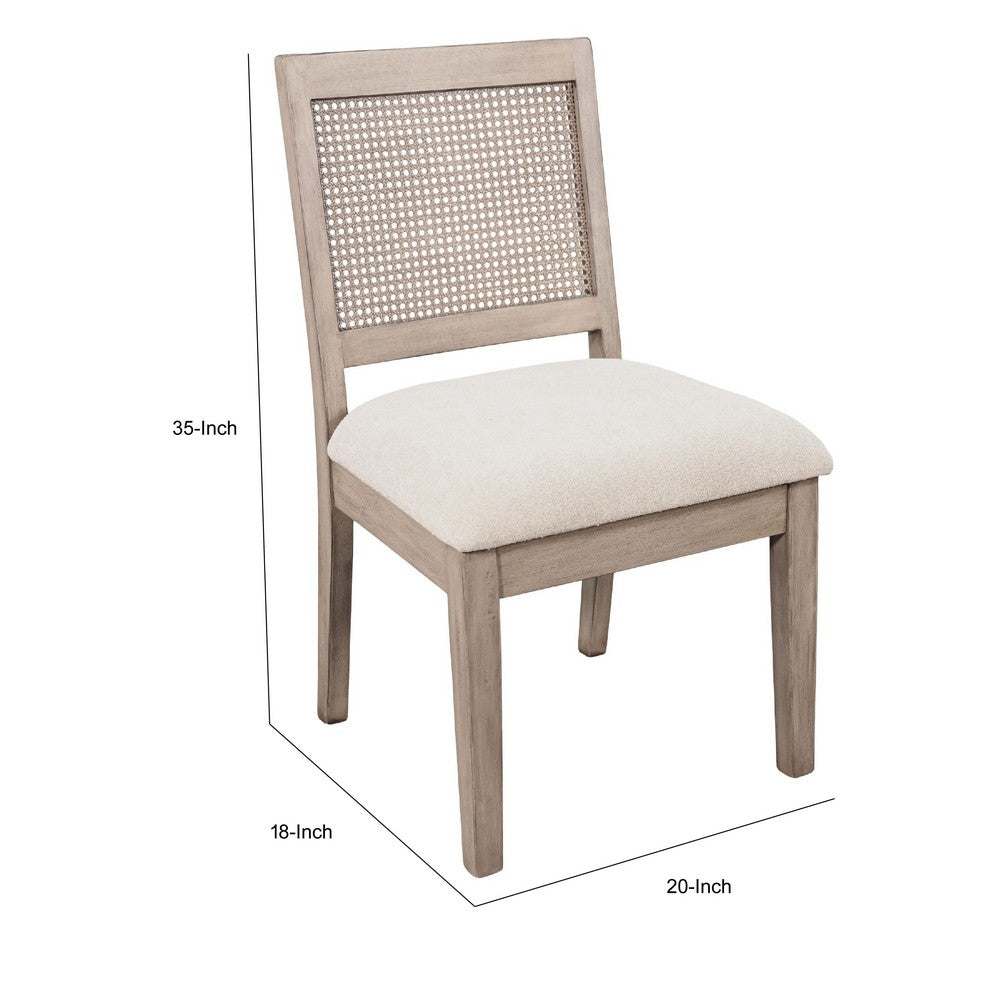 Benjara Dining Side Chair Set of 2, Cane Back, Cream Seat Cushion, Hazelnut Brown Wood