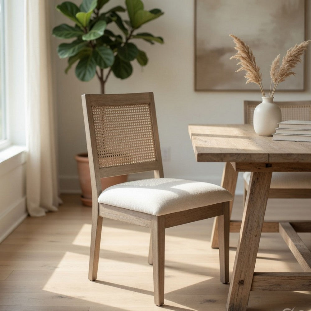 Benjara Dining Side Chair Set of 2, Cane Back, Cream Seat Cushion, Hazelnut Brown Wood