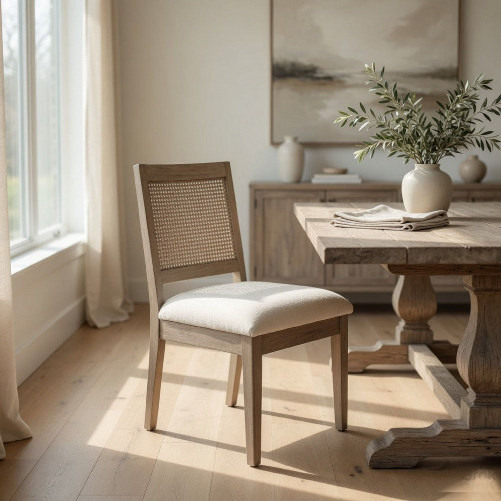 Benjara Dining Side Chair Set of 2, Cane Back, Cream Seat Cushion, Hazelnut Brown Wood