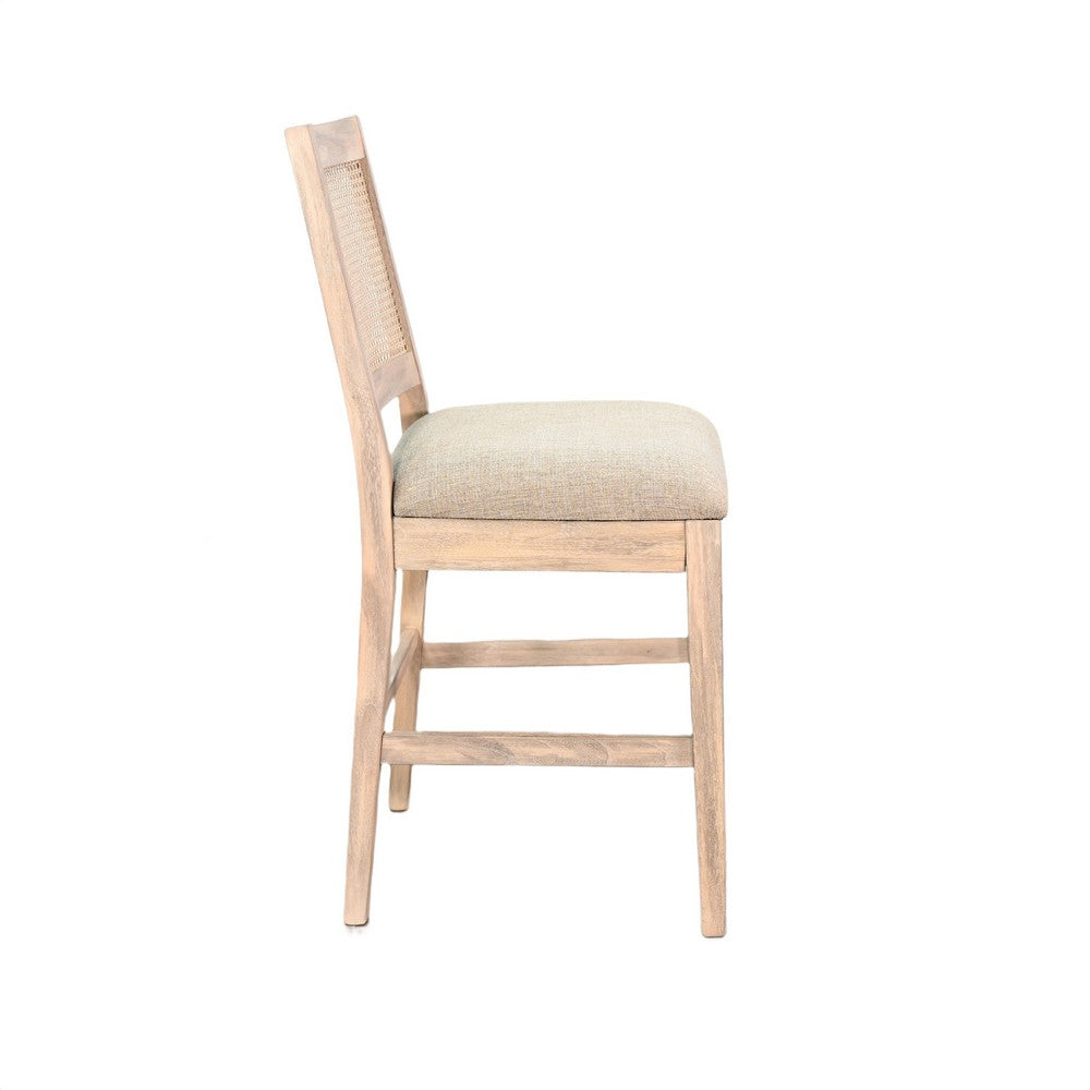 Benjara Counter Stool Chair Set of 2, Cane Back, Gray Fabric Cushion, Wheat Brown Wood
