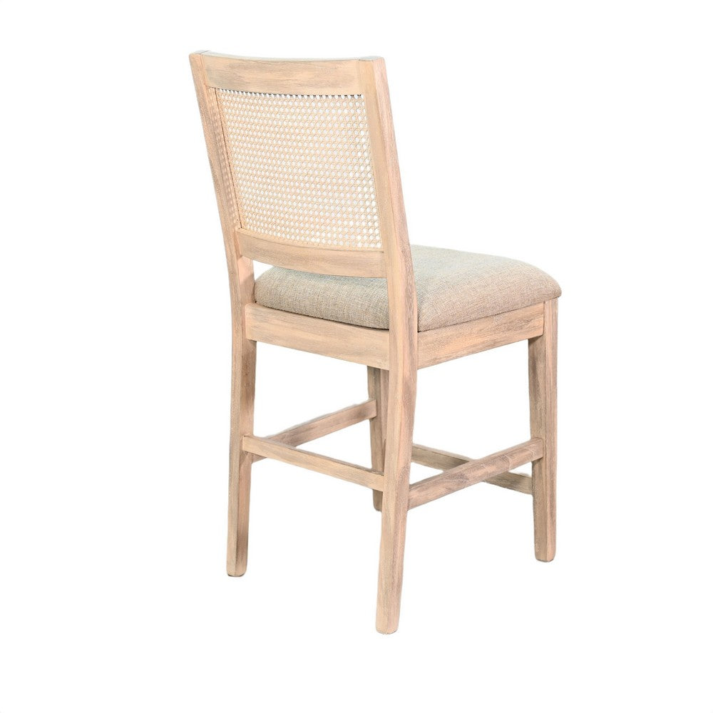 Benjara Counter Stool Chair Set of 2, Cane Back, Gray Fabric Cushion, Wheat Brown Wood