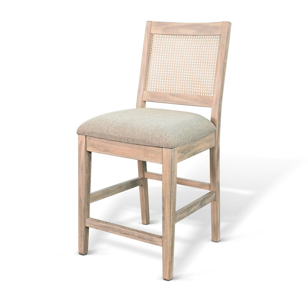 Benjara Counter Stool Chair Set of 2, Cane Back, Gray Fabric Cushion, Wheat Brown Wood