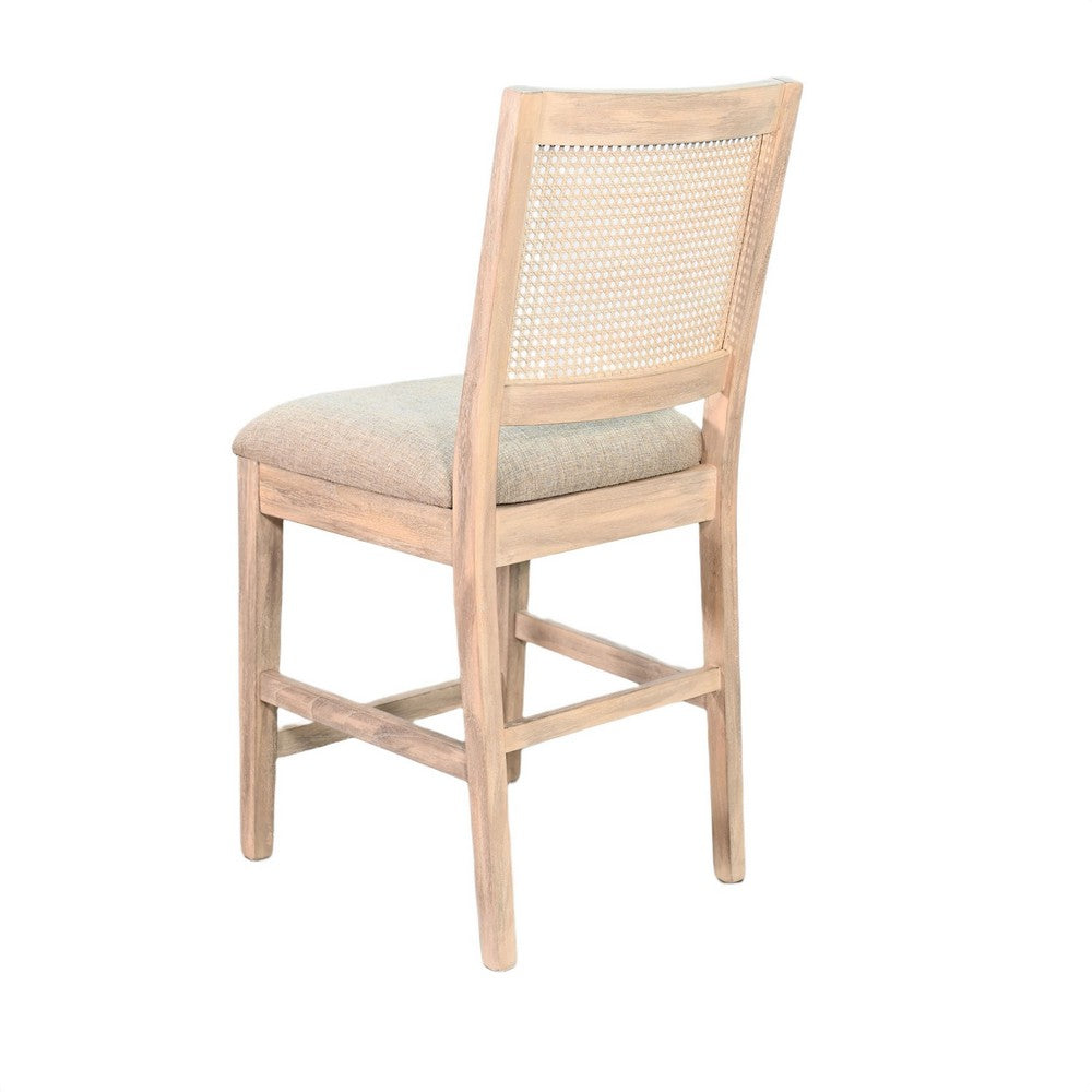 Benjara Counter Stool Chair Set of 2, Cane Back, Gray Fabric Cushion, Wheat Brown Wood