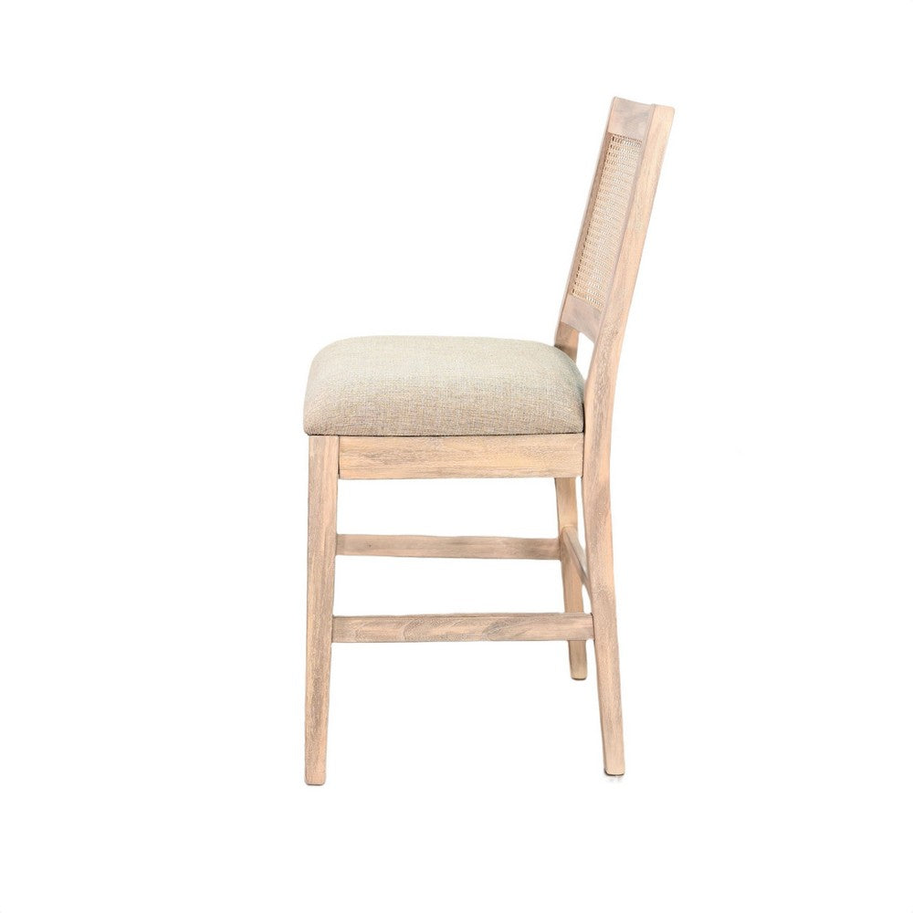 Benjara Counter Stool Chair Set of 2, Cane Back, Gray Fabric Cushion, Wheat Brown Wood