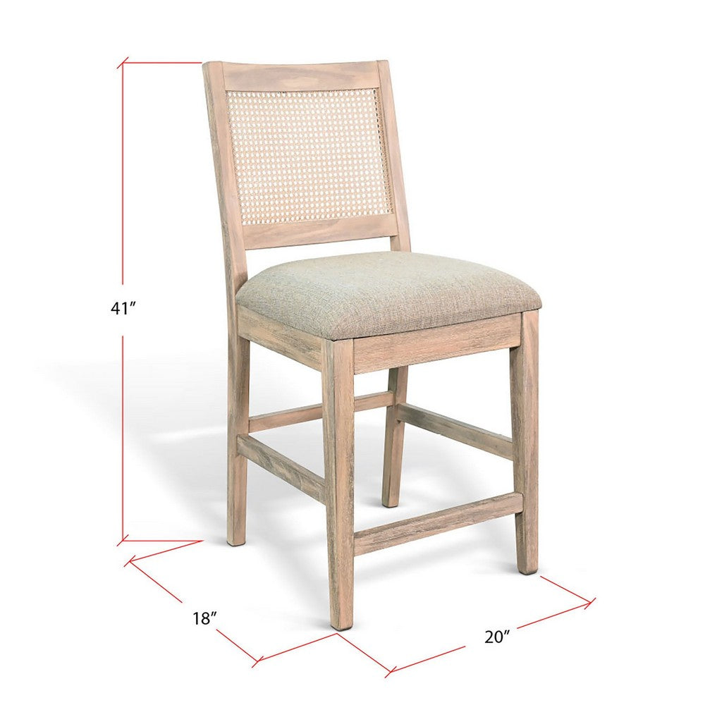 Benjara Counter Stool Chair Set of 2, Cane Back, Gray Fabric Cushion, Wheat Brown Wood