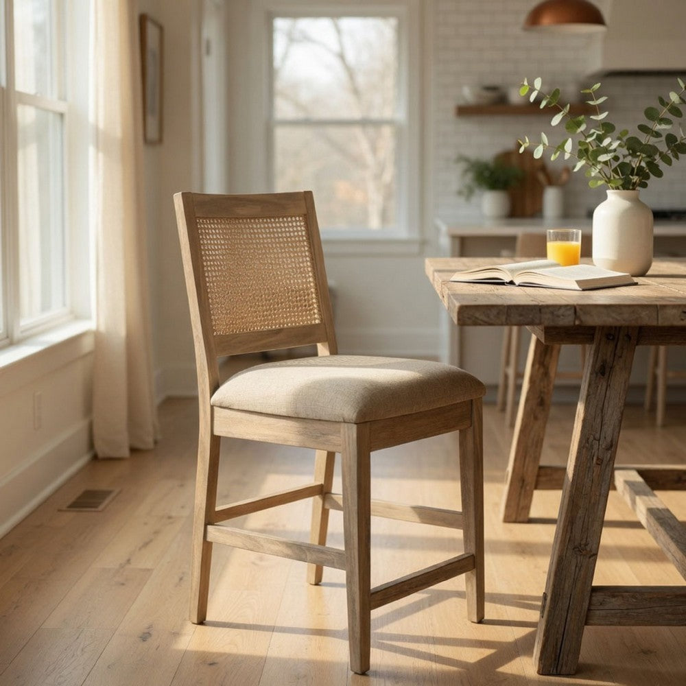 Benjara Counter Stool Chair Set of 2, Cane Back, Gray Fabric Cushion, Wheat Brown Wood