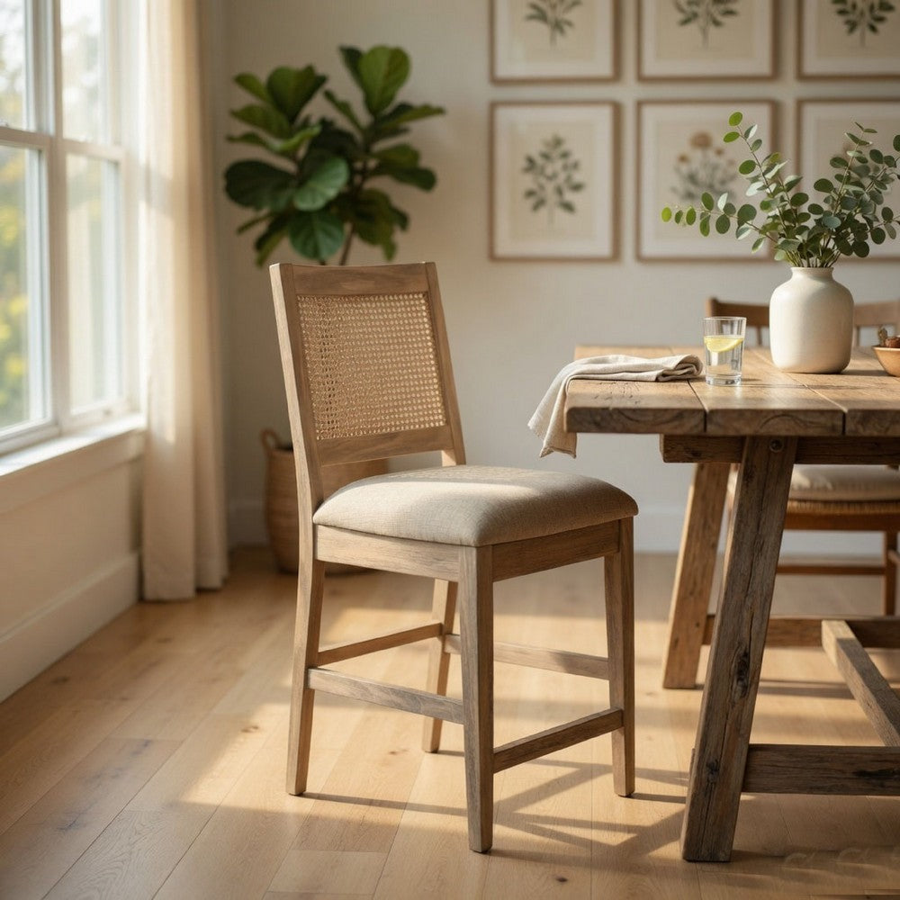Benjara Counter Stool Chair Set of 2, Cane Back, Gray Fabric Cushion, Wheat Brown Wood