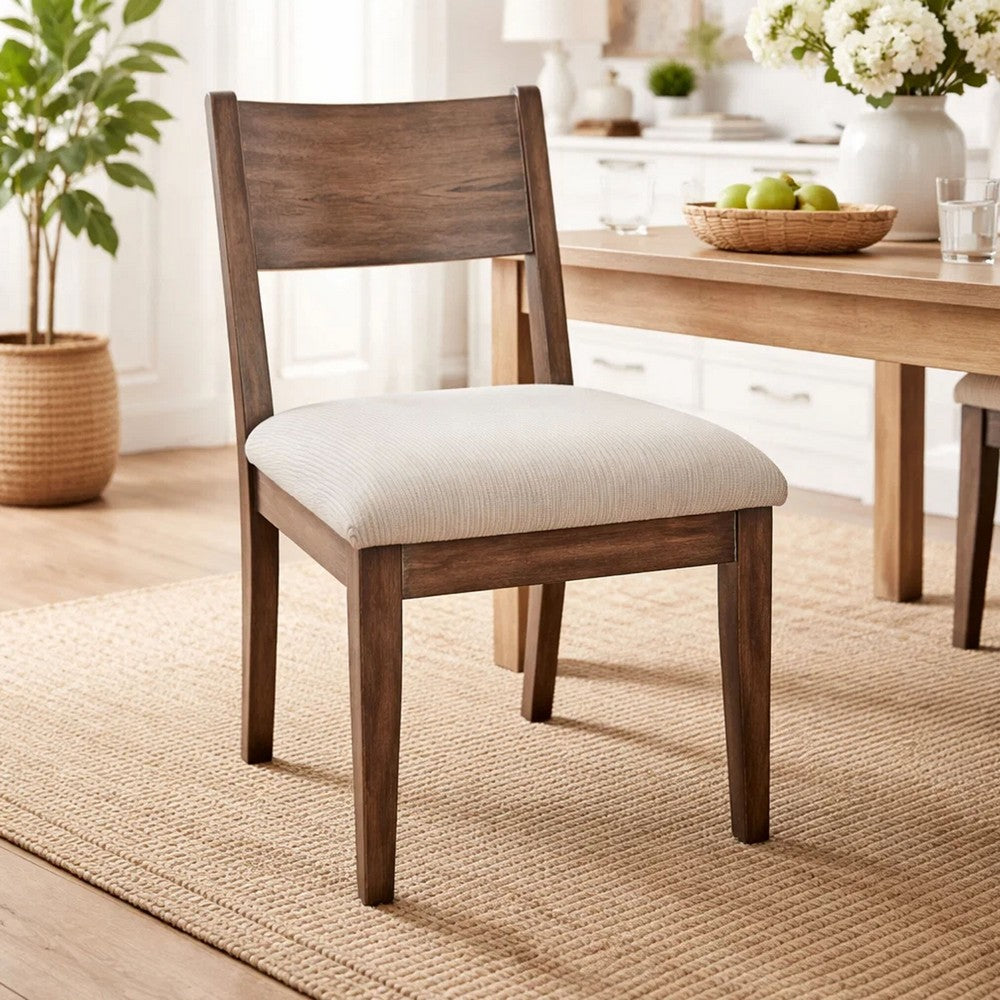Benjara Casa Dining Side Chair Set of 2, Open Back, Ivory Cushion, Buckskin Brown Wood