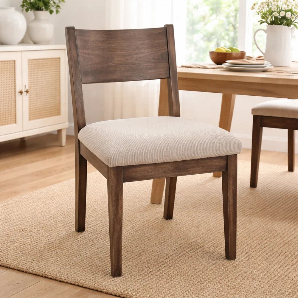 Benjara Casa Dining Side Chair Set of 2, Open Back, Ivory Cushion, Buckskin Brown Wood