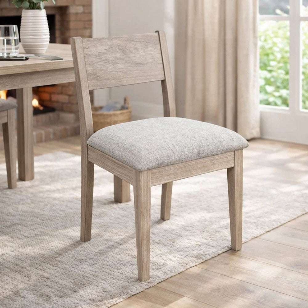Benjara Casa Dining Side Chair Set of 2, Open Back, Gray Cushion, Wheat Brown Wood