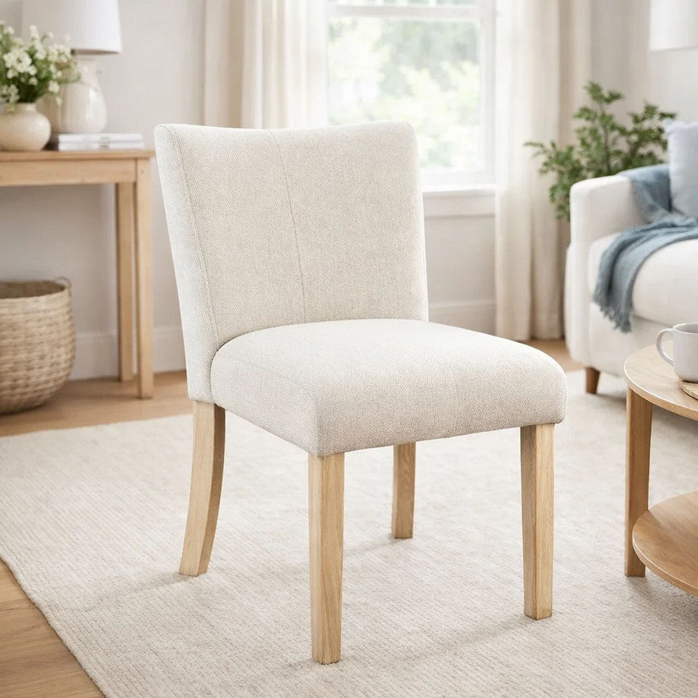 Benjara Dining Side Chair Set of 2, Curved Back, Ivory Cushions, Oak Brown Wood