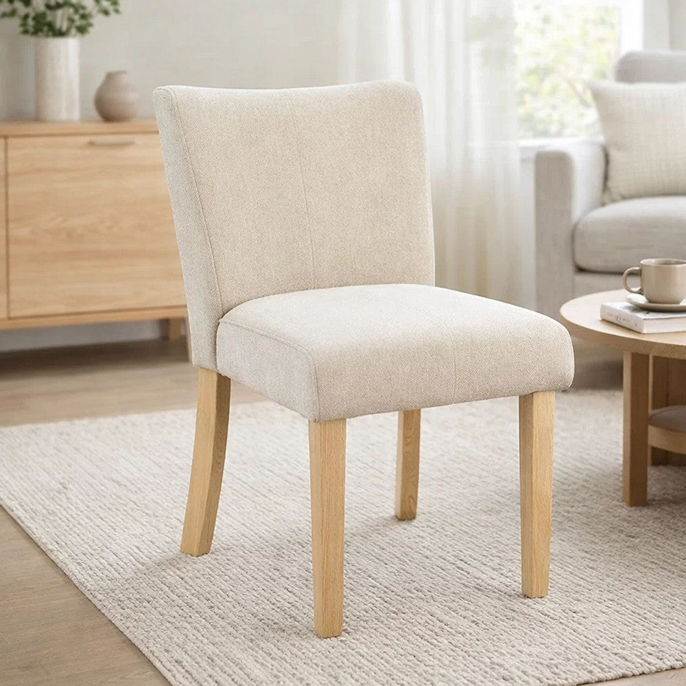 Benjara Dining Side Chair Set of 2, Curved Back, Ivory Cushions, Oak Brown Wood