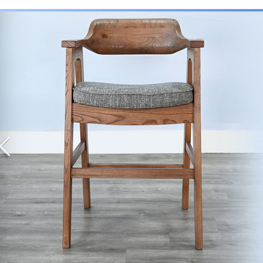 Benjara Reno Counter Stool Chair Set of 2, Curved Back, Gray Cushion, Brown Wood