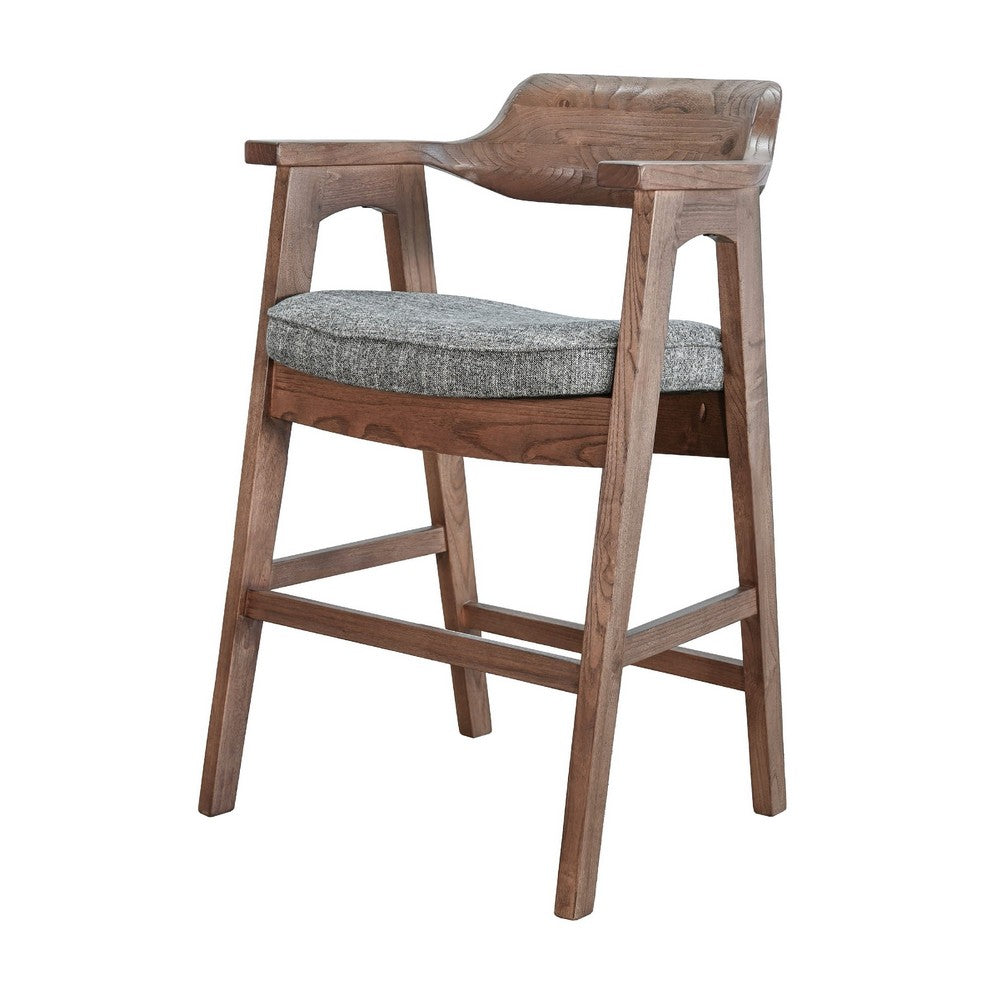 Benjara Reno Counter Stool Chair Set of 2, Curved Back, Gray Cushion, Brown Wood