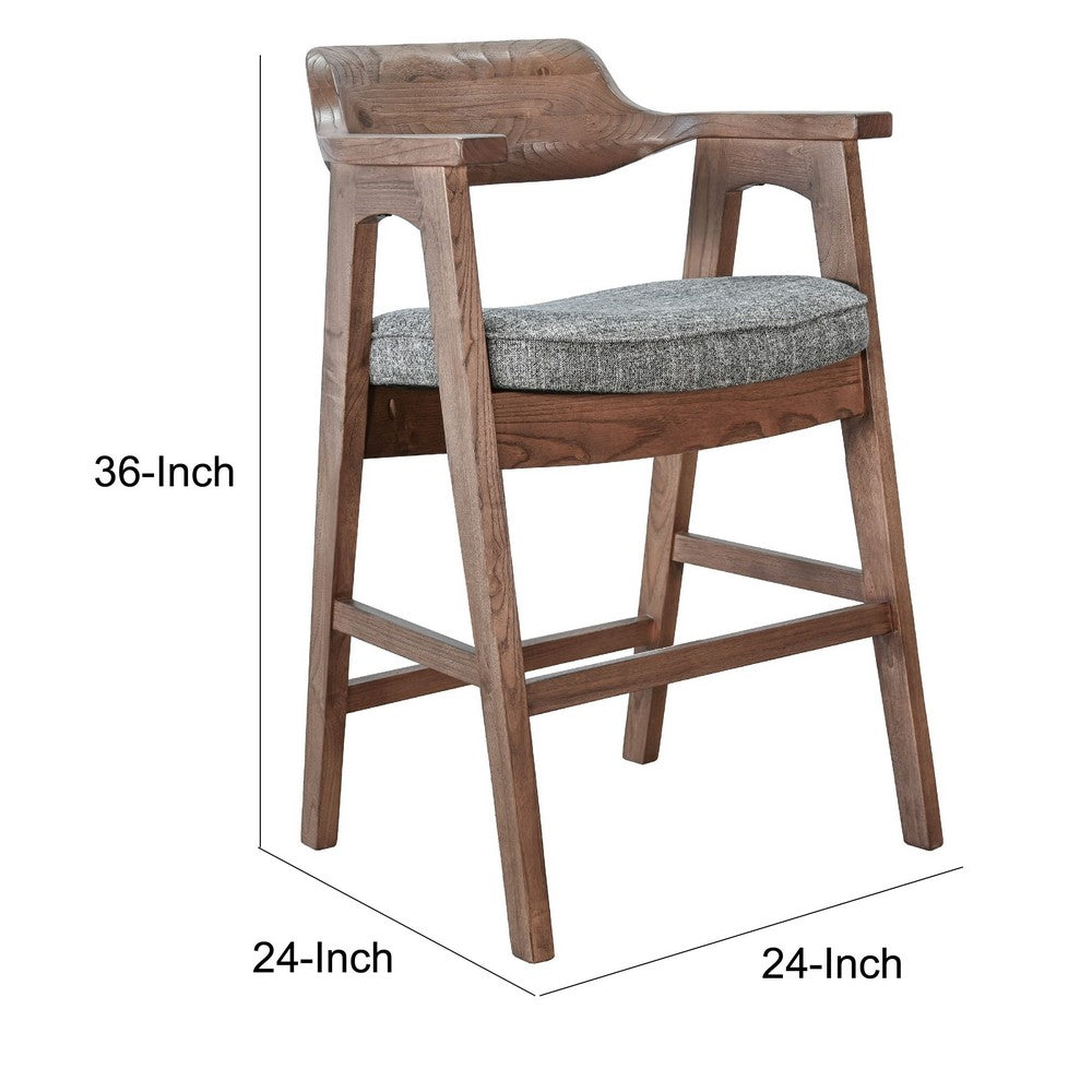 Benjara Reno Counter Stool Chair Set of 2, Curved Back, Gray Cushion, Brown Wood