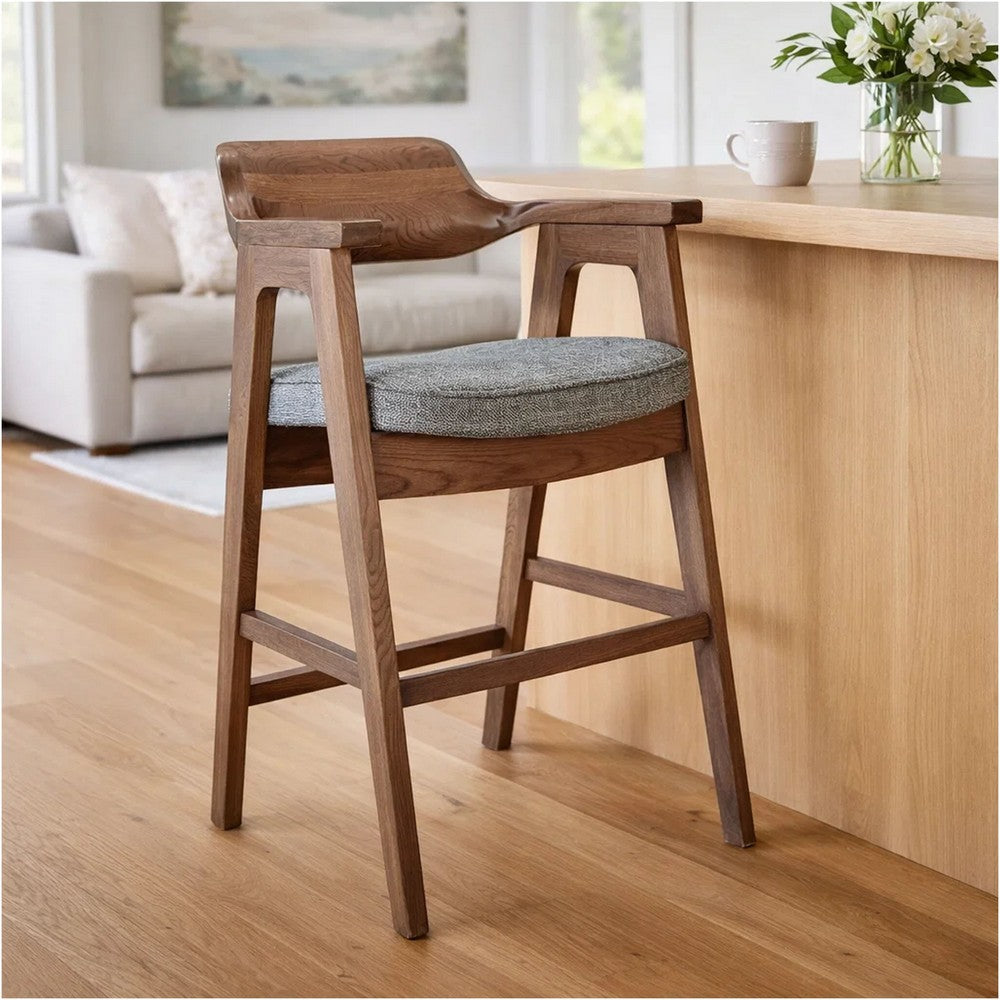 Benjara Reno Counter Stool Chair Set of 2, Curved Back, Gray Cushion, Brown Wood
