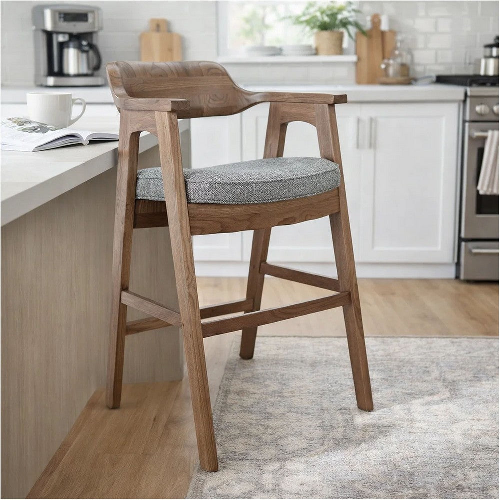 Benjara Reno Counter Stool Chair Set of 2, Curved Back, Gray Cushion, Brown Wood