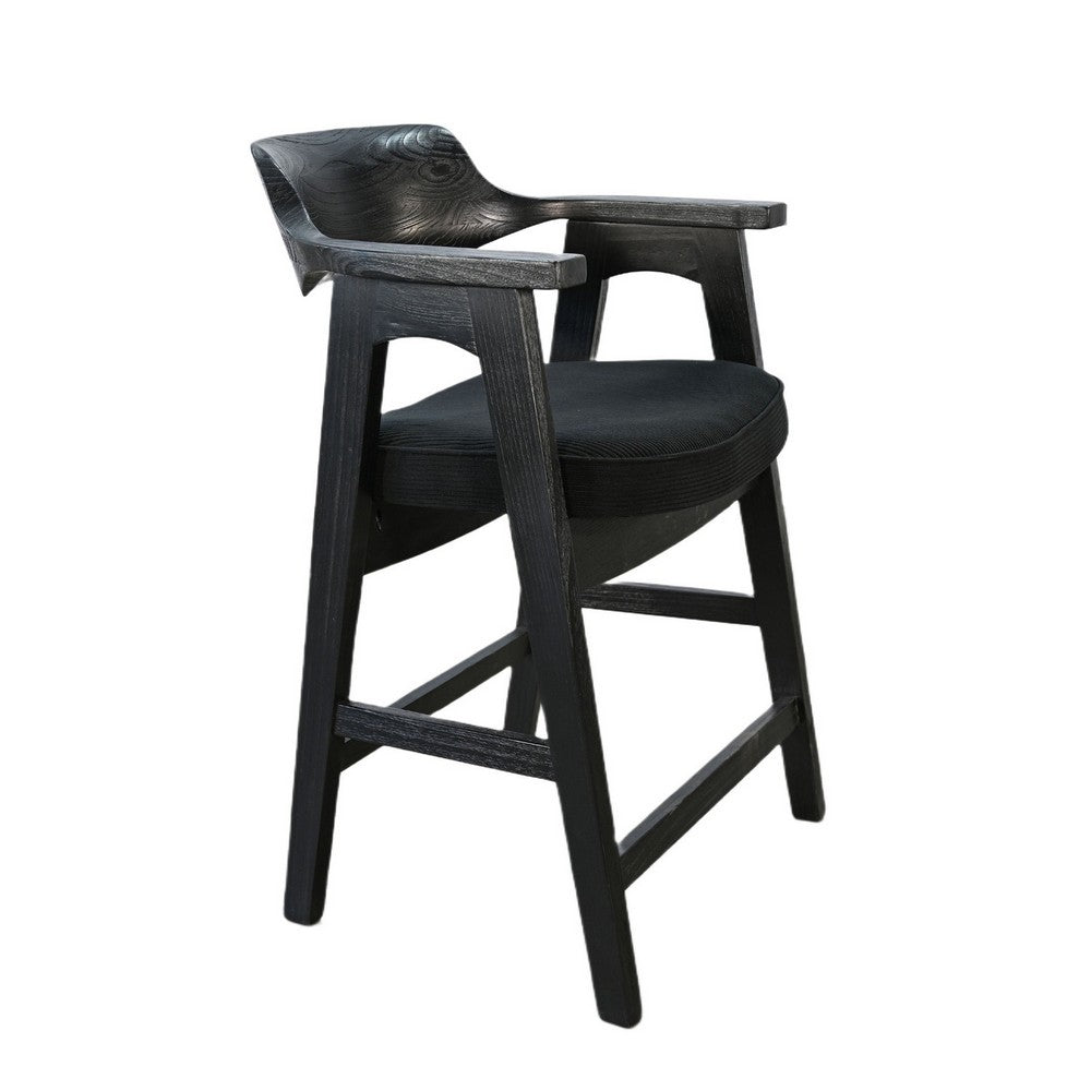 Benjara Reno Counter Stool Chair Set of 2, Curved Back w Seat Cushion, Black Wood