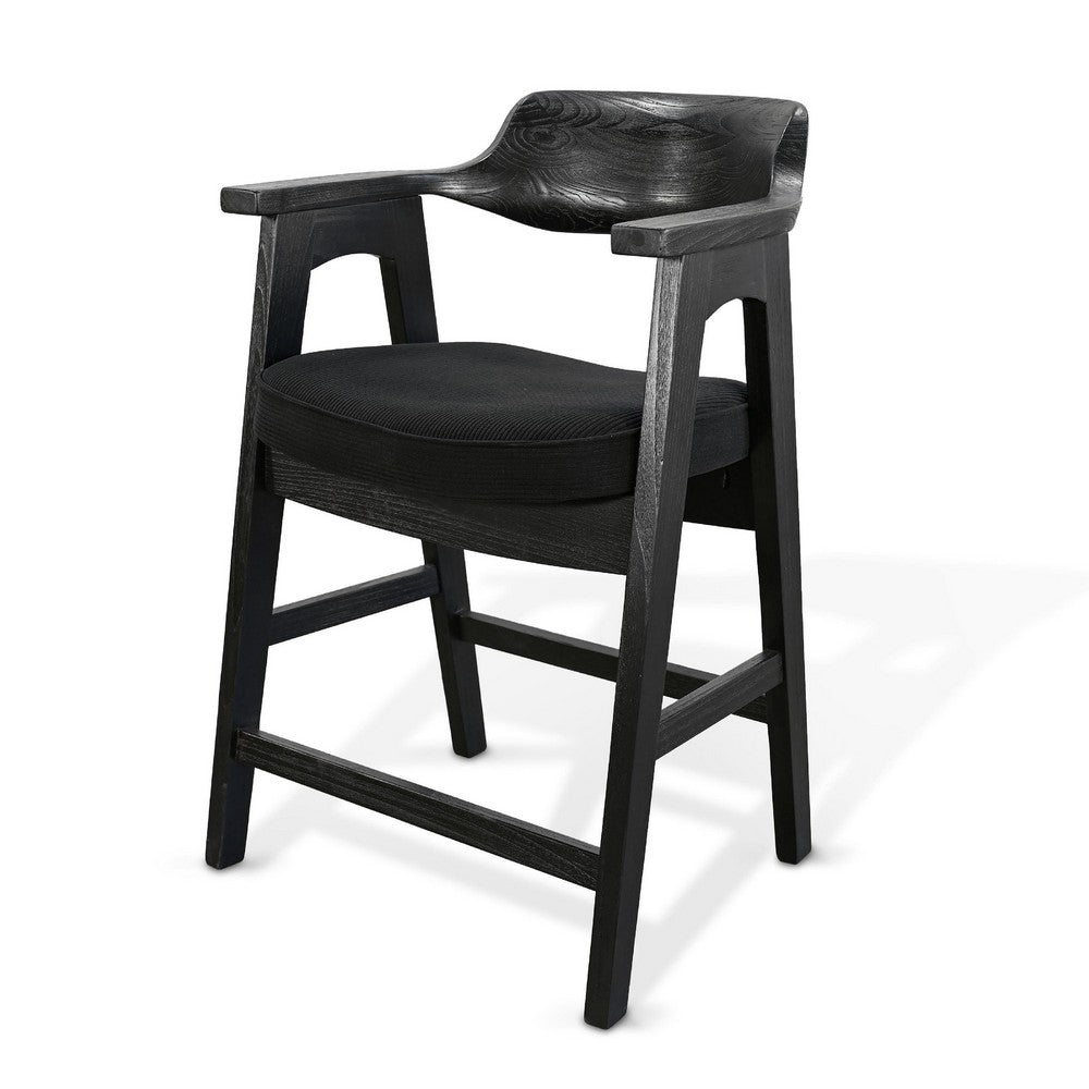 Benjara Reno Counter Stool Chair Set of 2, Curved Back w Seat Cushion, Black Wood