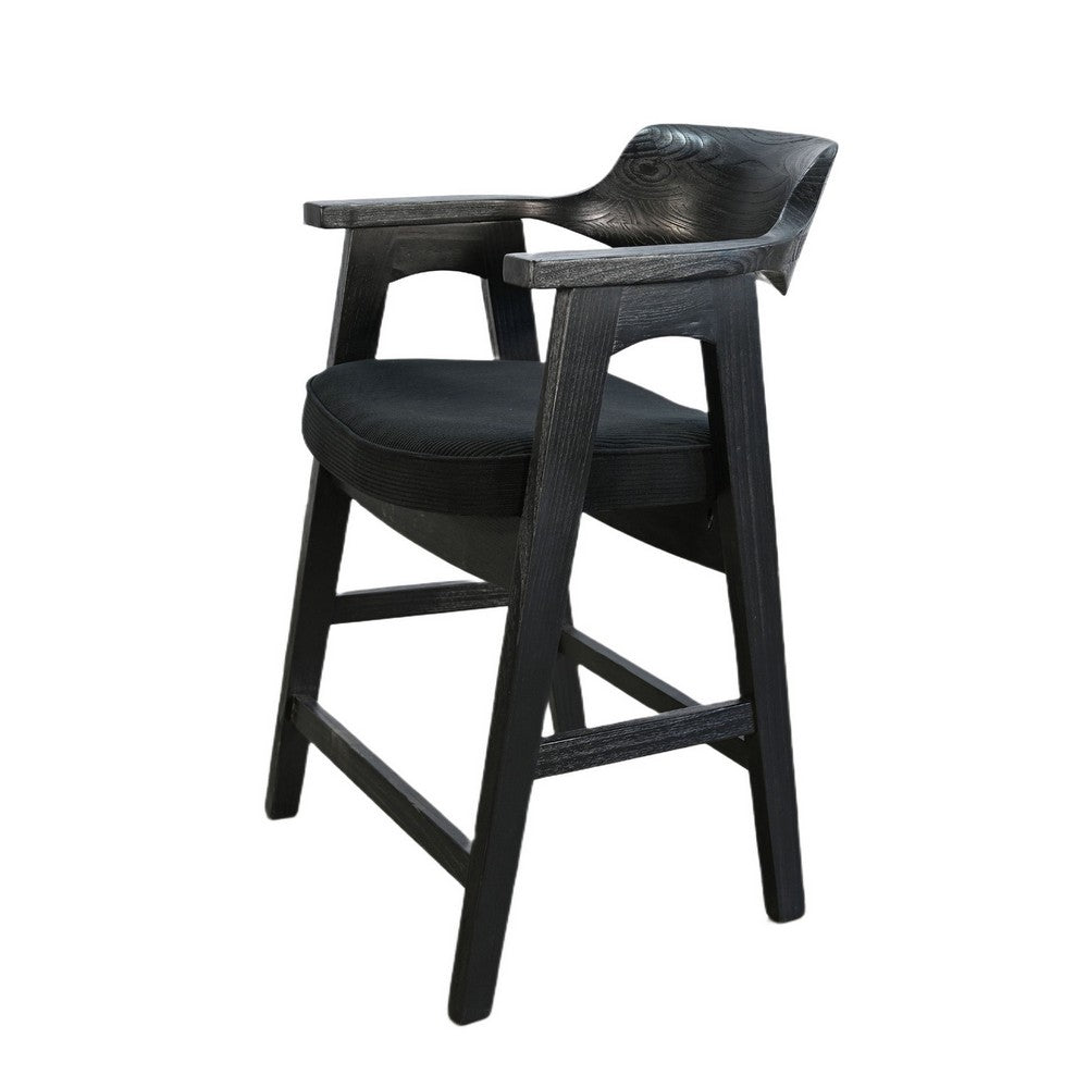 Benjara Reno Counter Stool Chair Set of 2, Curved Back w Seat Cushion, Black Wood