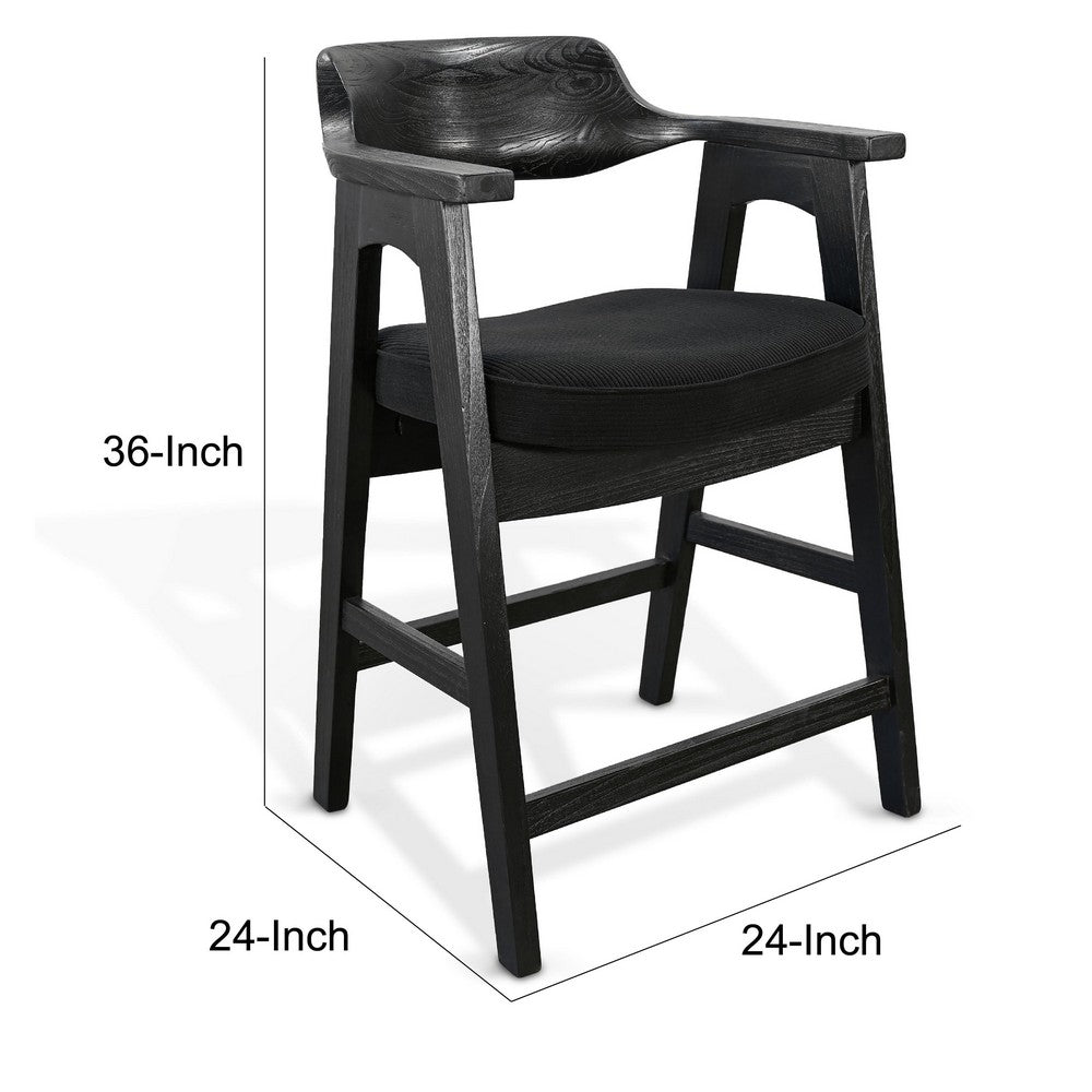 Benjara Reno Counter Stool Chair Set of 2, Curved Back w Seat Cushion, Black Wood