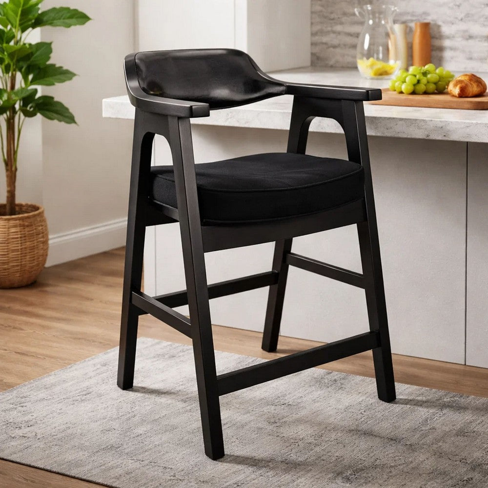 Benjara Reno Counter Stool Chair Set of 2, Curved Back w Seat Cushion, Black Wood