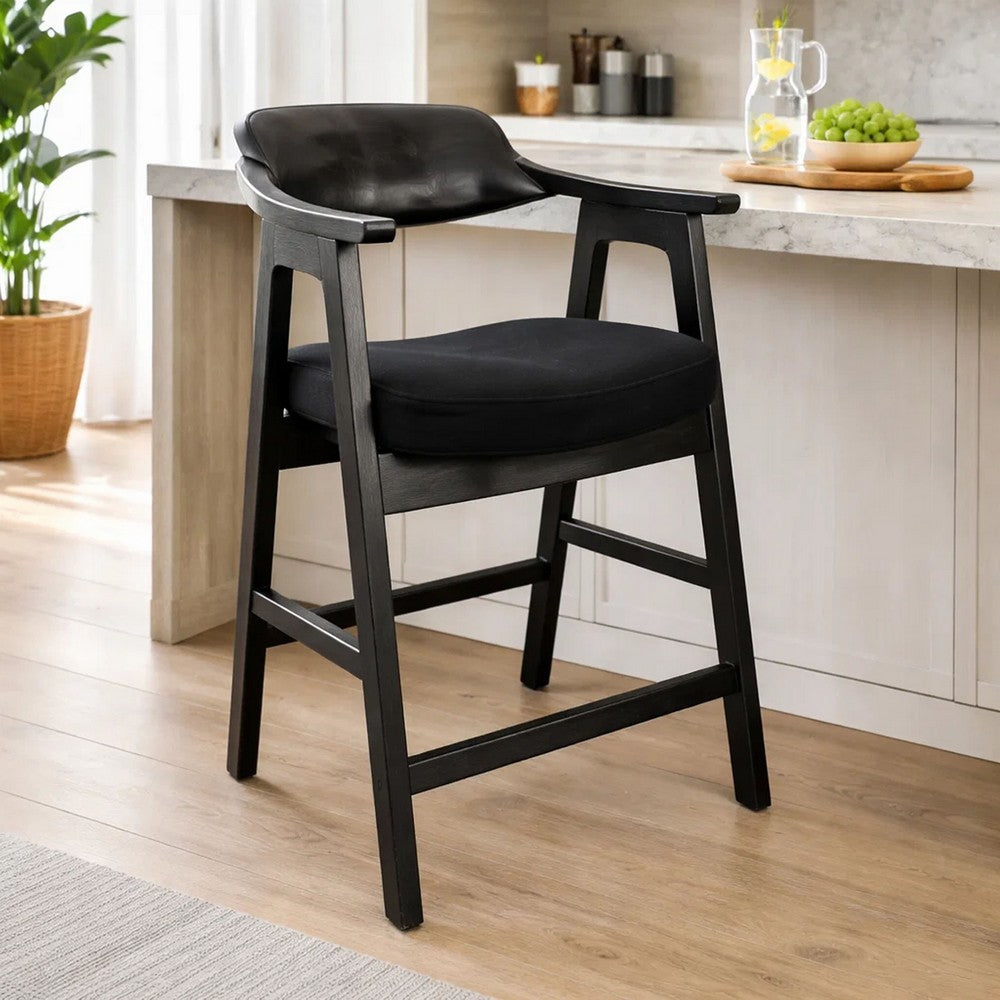 Benjara Reno Counter Stool Chair Set of 2, Curved Back w Seat Cushion, Black Wood