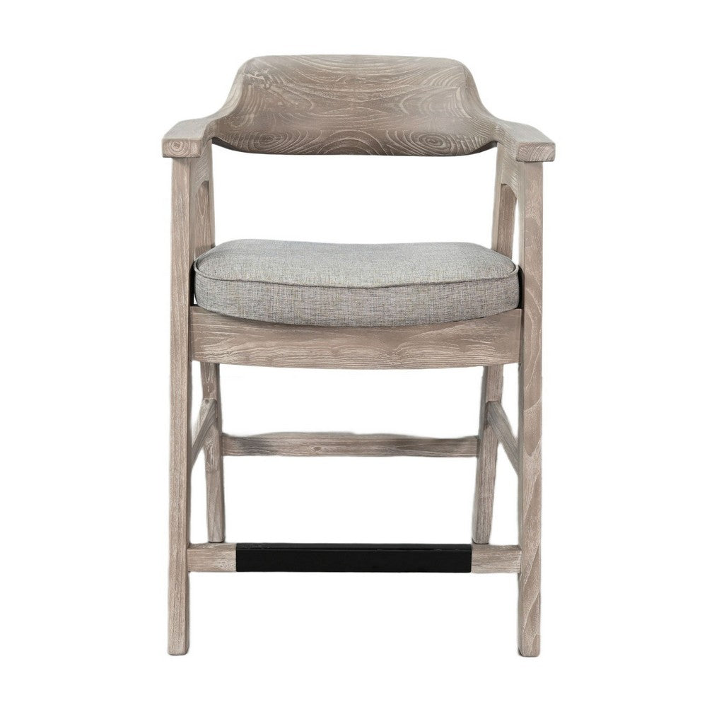 Benjara Reno Counter Stool Chair Set of 2, Curved Back, Gray Seat, Natural Brown Wood