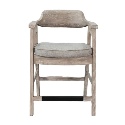 Benjara Reno Counter Stool Chair Set of 2, Curved Back, Gray Seat, Natural Brown Wood