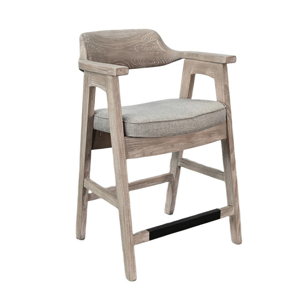 Benjara Reno Counter Stool Chair Set of 2, Curved Back, Gray Seat, Natural Brown Wood