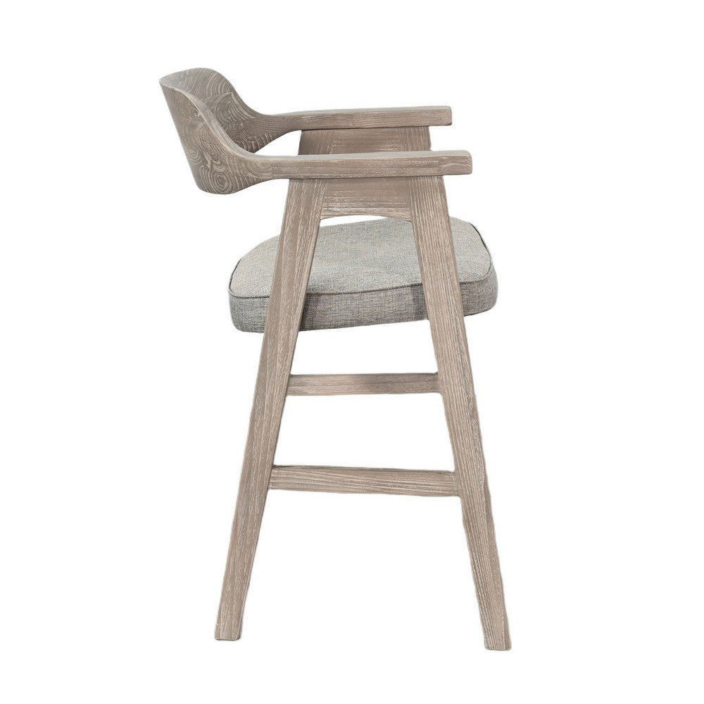 Benjara Reno Counter Stool Chair Set of 2, Curved Back, Gray Seat, Natural Brown Wood
