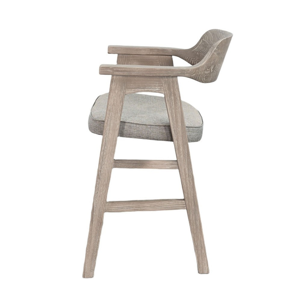 Benjara Reno Counter Stool Chair Set of 2, Curved Back, Gray Seat, Natural Brown Wood