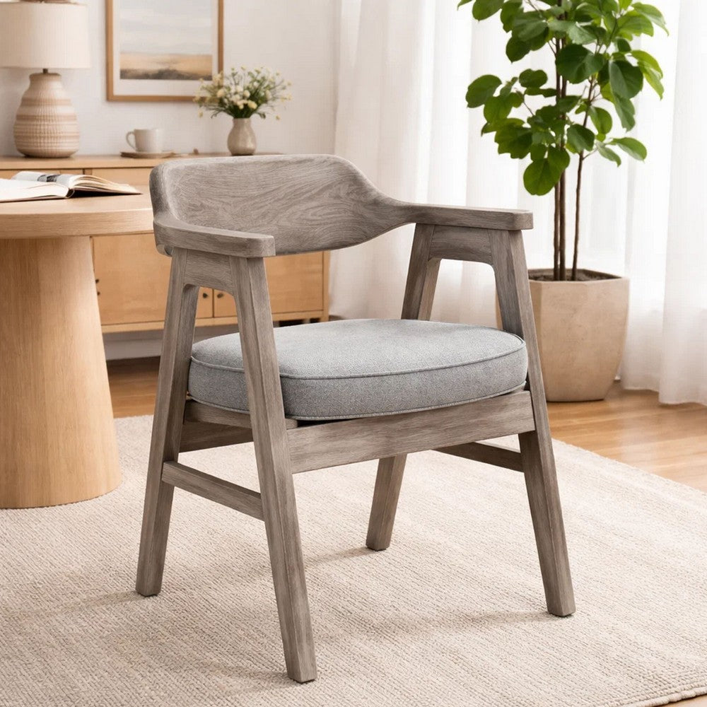 Benjara Reno Counter Stool Chair Set of 2, Curved Back, Gray Seat, Natural Brown Wood
