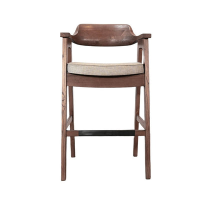 Benjara Reno Barstool Chair Set of 2, Curved Back, Gray Seat, Medium Brown Wood