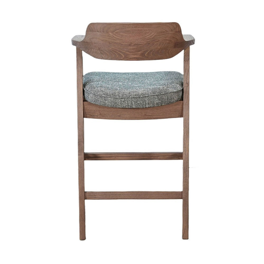 Benjara Reno Barstool Chair Set of 2, Curved Back, Gray Seat, Medium Brown Wood