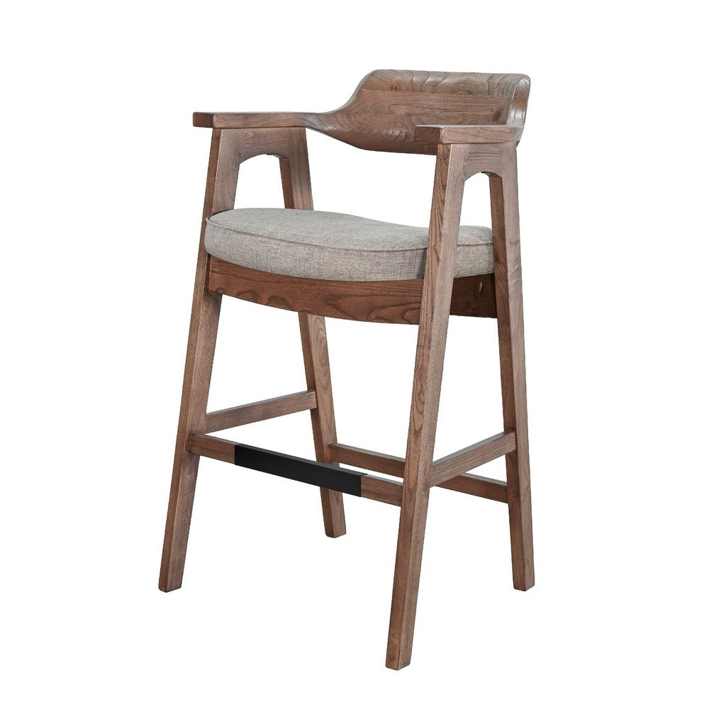 Benjara Reno Barstool Chair Set of 2, Curved Back, Gray Seat, Medium Brown Wood