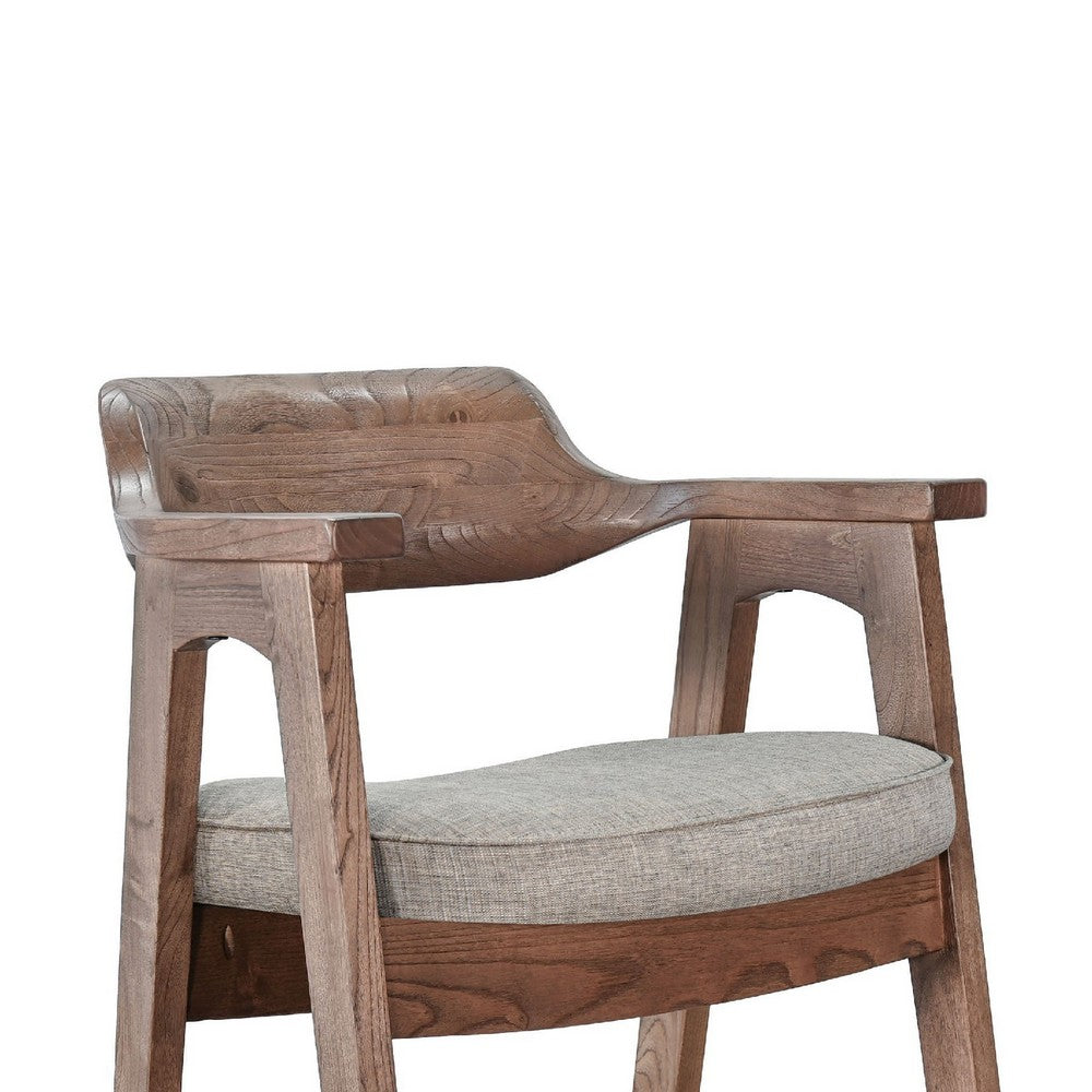 Benjara Reno Barstool Chair Set of 2, Curved Back, Gray Seat, Medium Brown Wood