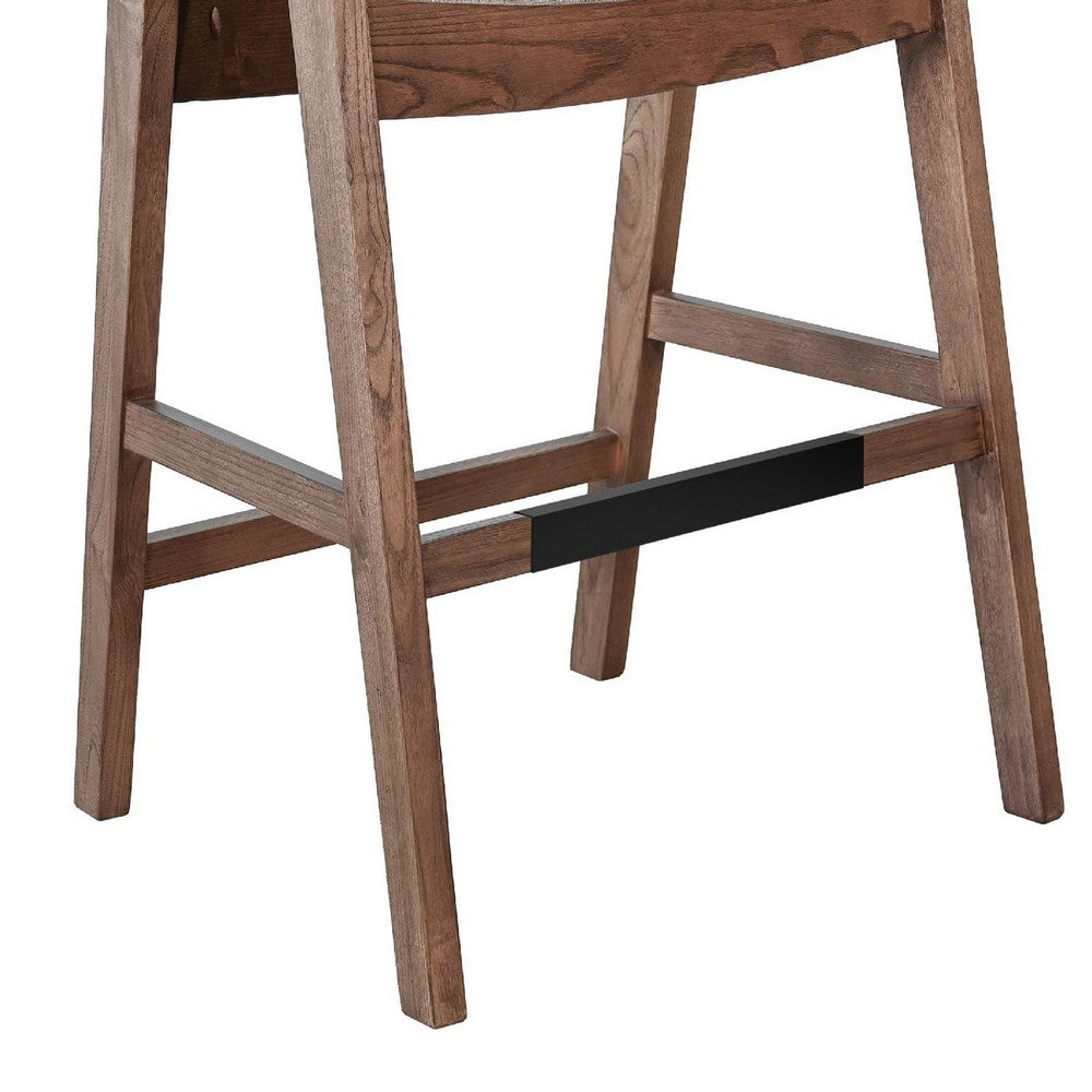Benjara Reno Barstool Chair Set of 2, Curved Back, Gray Seat, Medium Brown Wood