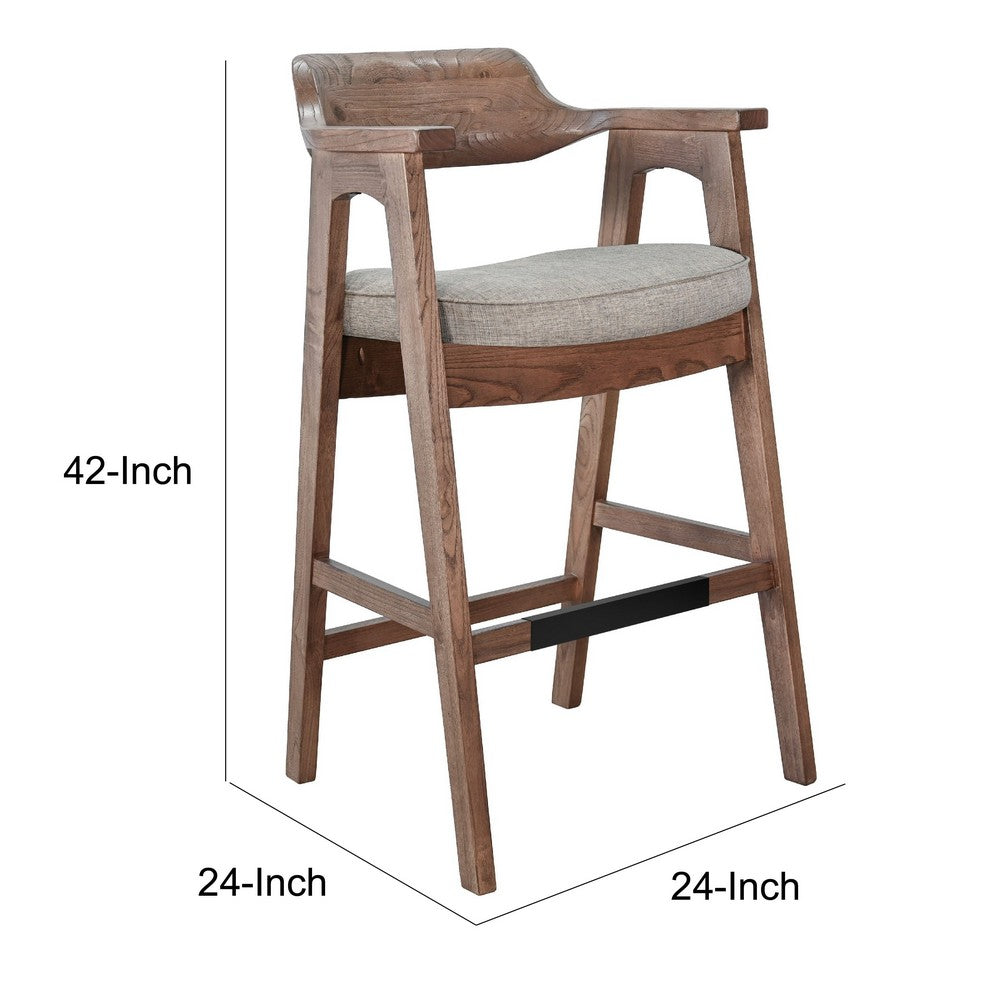 Benjara Reno Barstool Chair Set of 2, Curved Back, Gray Seat, Medium Brown Wood