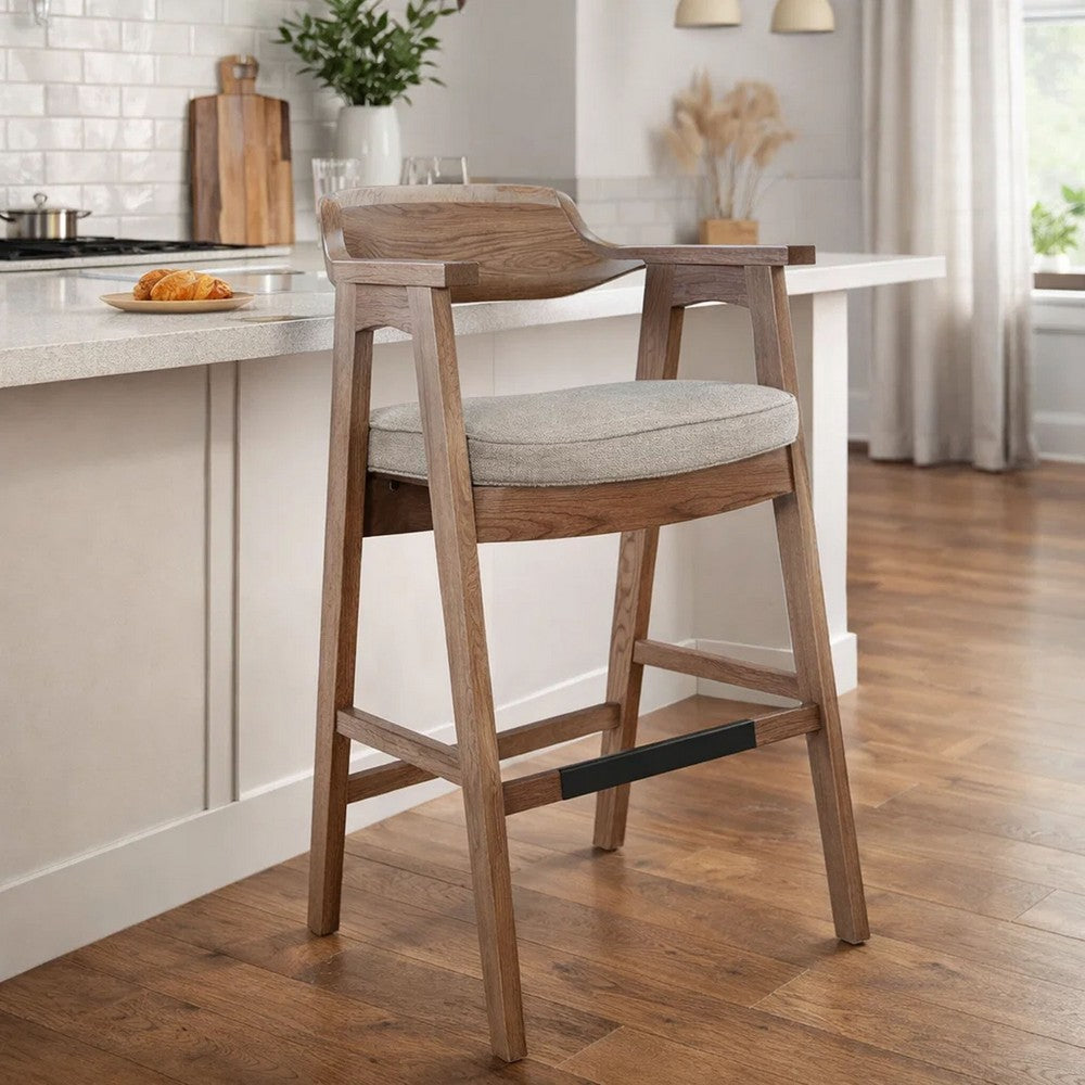 Benjara Reno Barstool Chair Set of 2, Curved Back, Gray Seat, Medium Brown Wood