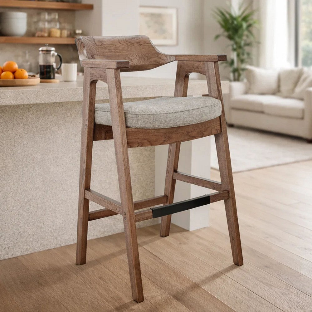 Benjara Reno Barstool Chair Set of 2, Curved Back, Gray Seat, Medium Brown Wood