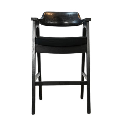 Benjara Reno Barstool Chair Set of 2, Curved Back w Seat Cushion, Umbra Black Wood