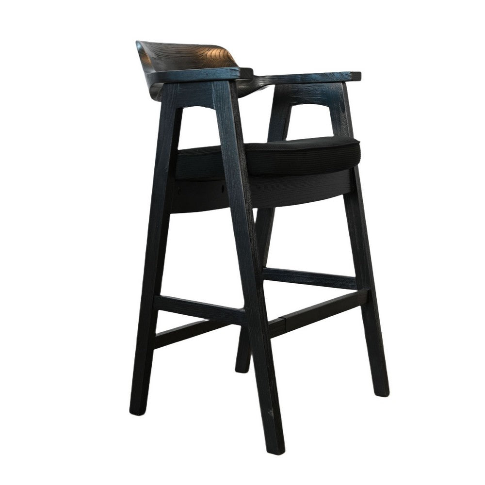 Benjara Reno Barstool Chair Set of 2, Curved Back w Seat Cushion, Umbra Black Wood