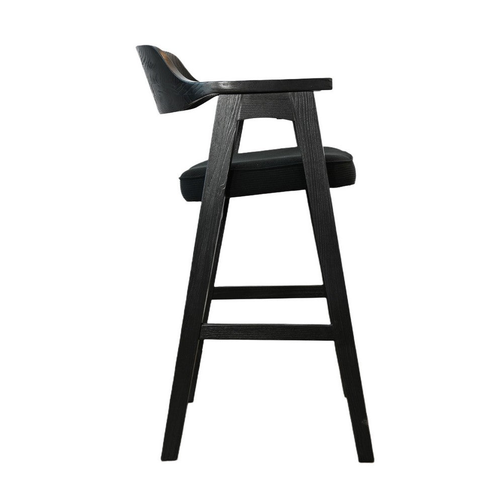 Benjara Reno Barstool Chair Set of 2, Curved Back w Seat Cushion, Umbra Black Wood