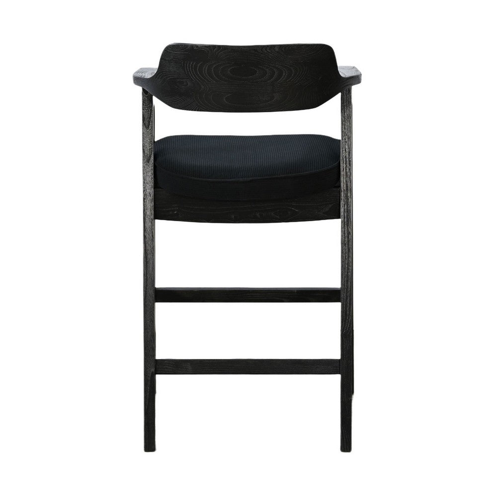 Benjara Reno Barstool Chair Set of 2, Curved Back w Seat Cushion, Umbra Black Wood