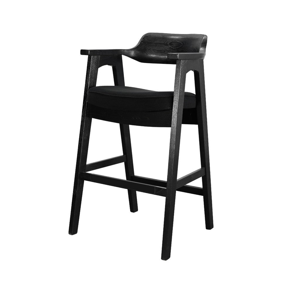 Benjara Reno Barstool Chair Set of 2, Curved Back w Seat Cushion, Umbra Black Wood