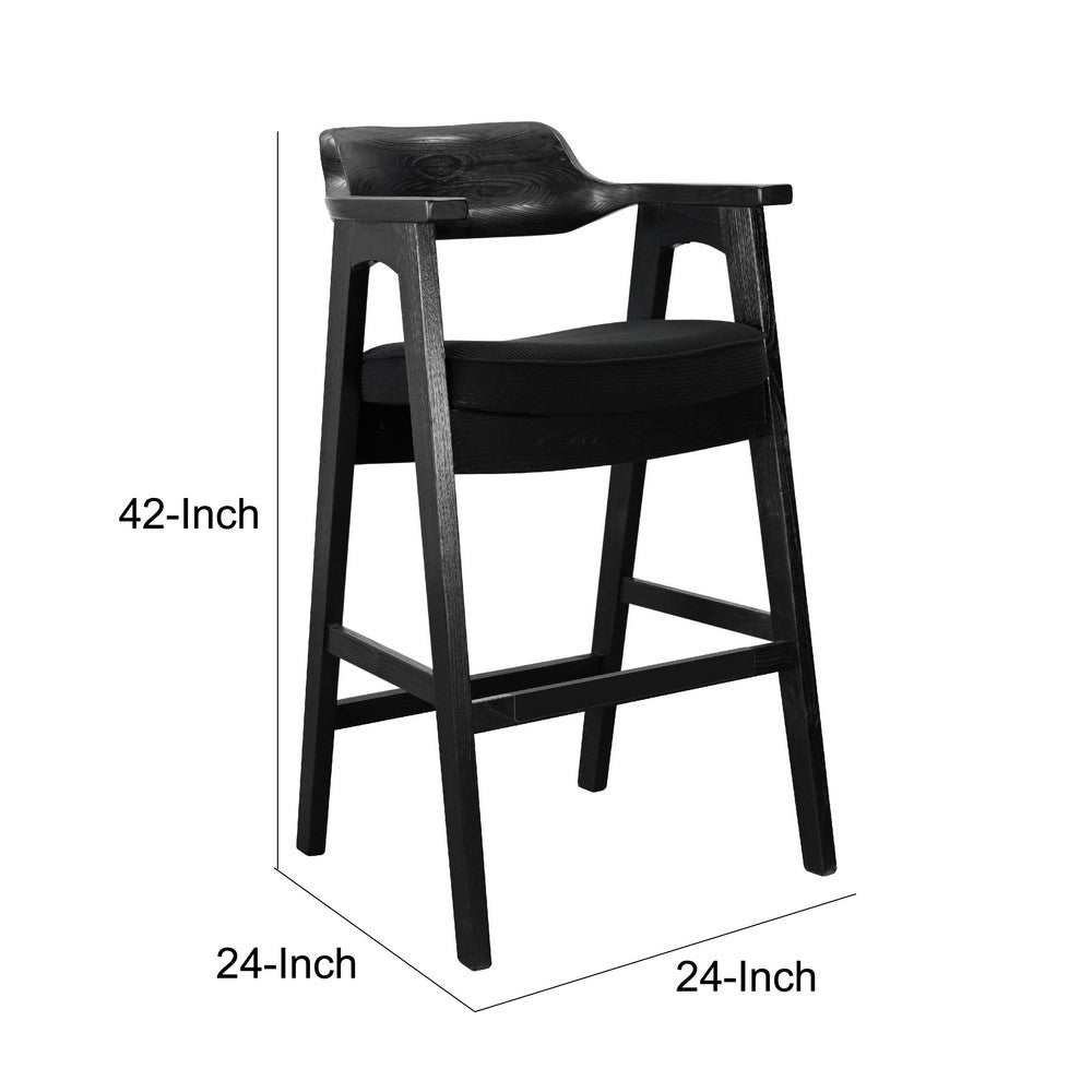 Benjara Reno Barstool Chair Set of 2, Curved Back w Seat Cushion, Umbra Black Wood