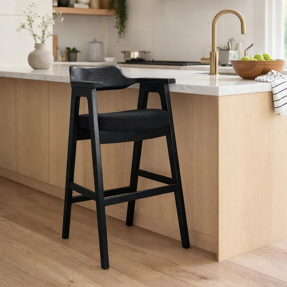 Benjara Reno Barstool Chair Set of 2, Curved Back w Seat Cushion, Umbra Black Wood