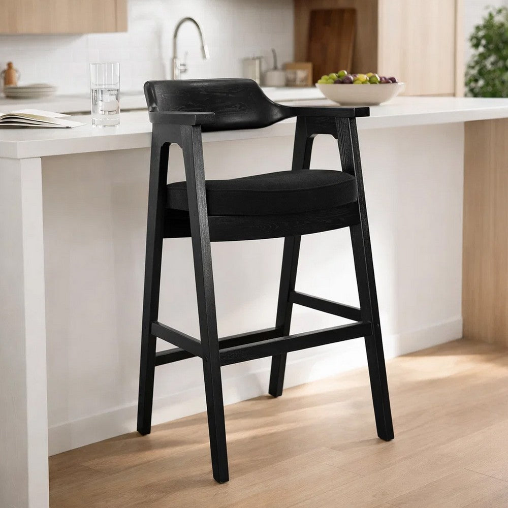Benjara Reno Barstool Chair Set of 2, Curved Back w Seat Cushion, Umbra Black Wood